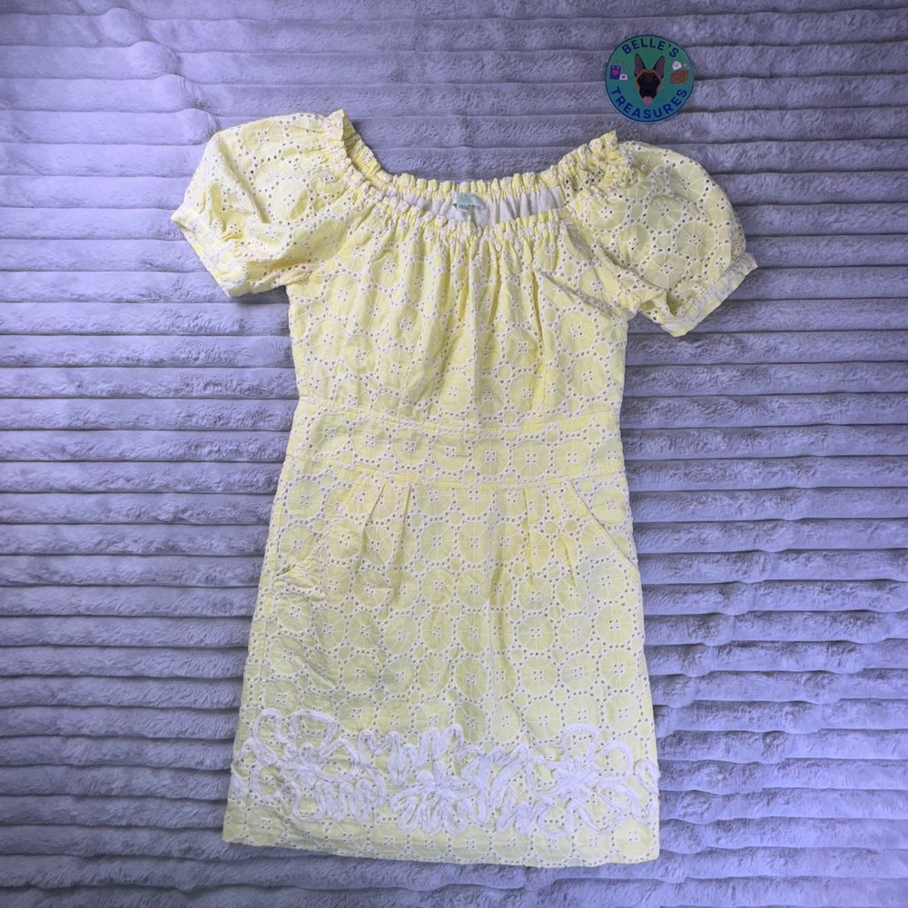 Jade Dress Small Eyelet Puff Sleeve Yellow Lemons‎ Embroidered Pockets Milkmaid
